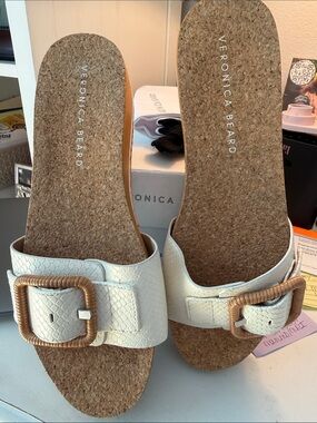 Veronica Beard White Slide Sandals with Tan-Wrapped Buckles